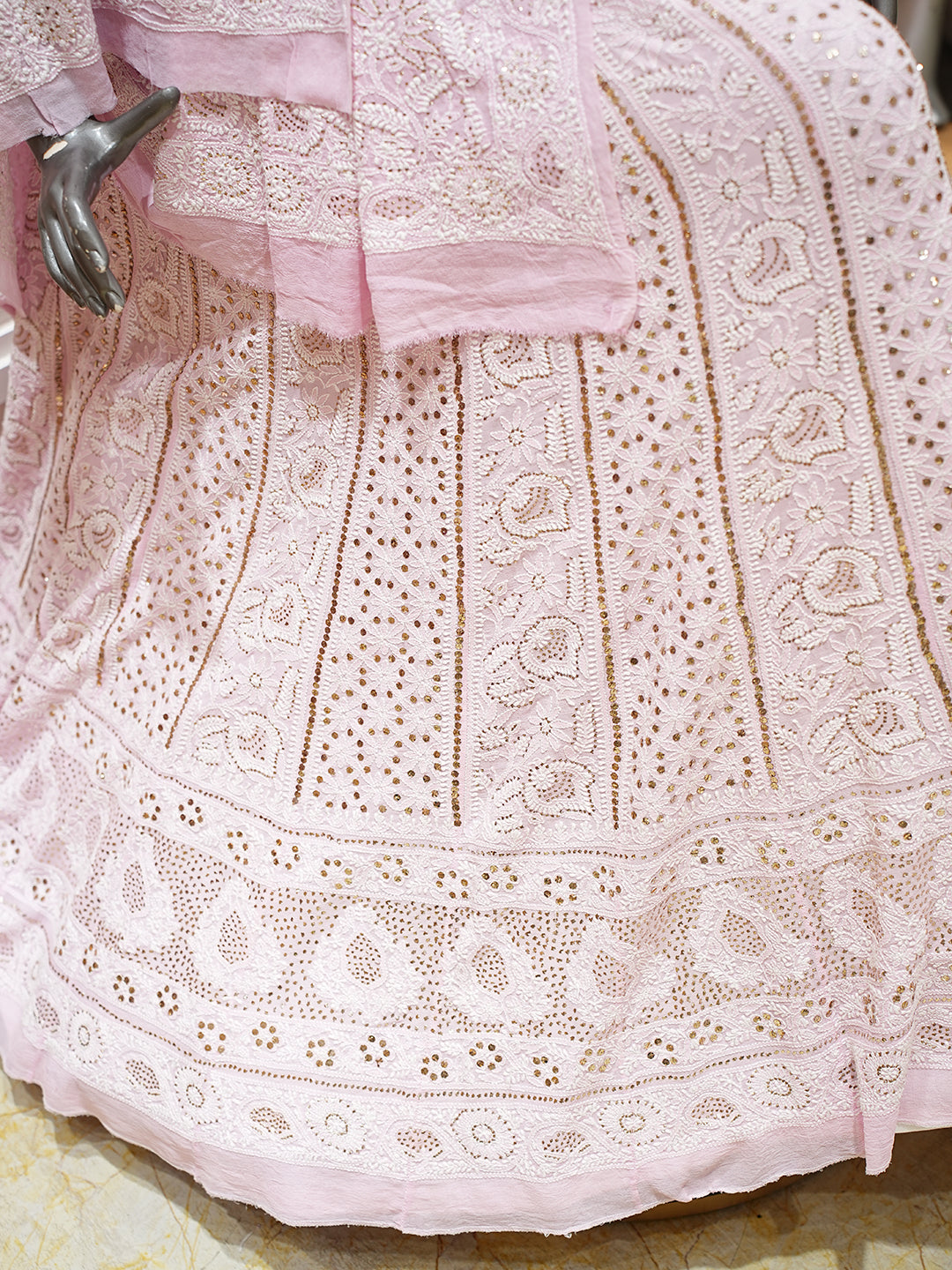 Ada Hand Embroidered Pink Pure Georgette Lucknowi Chikankari Lehenga Set With Muqaish/Mukaish Work_3