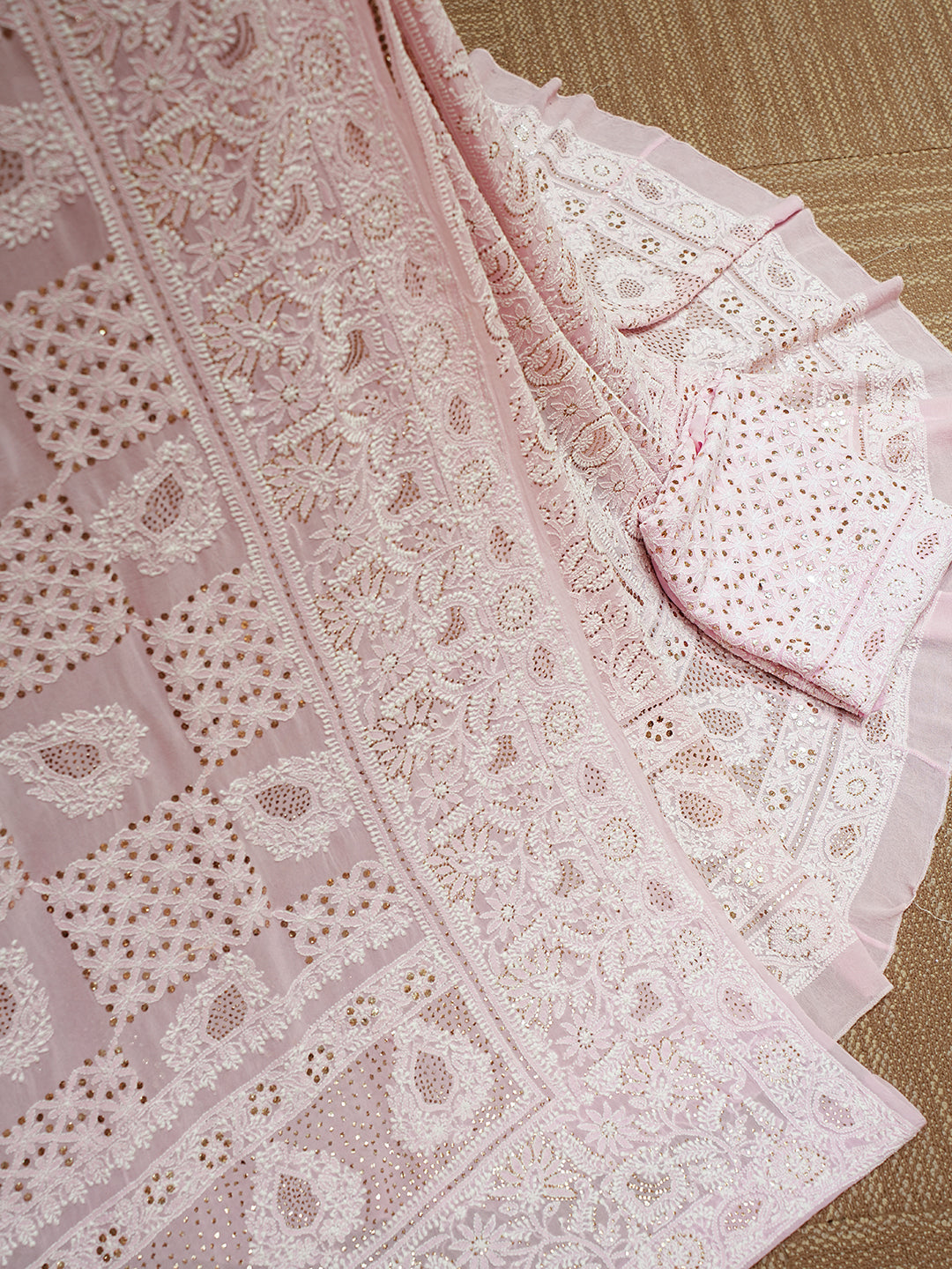 Ada Hand Embroidered Pink Pure Georgette Lucknowi Chikankari Lehenga Set With Muqaish/Mukaish Work_4