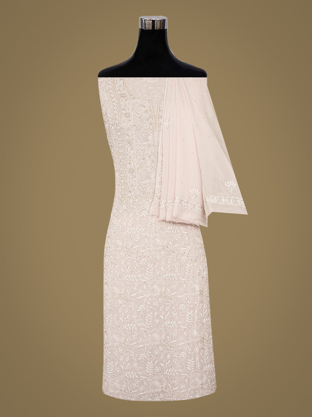 Ada Hand Embroidered Pink Pure Georgette Lucknowi Chikankari Unstitched Kurta Dupatta Set With Cutdana Work 01A955574