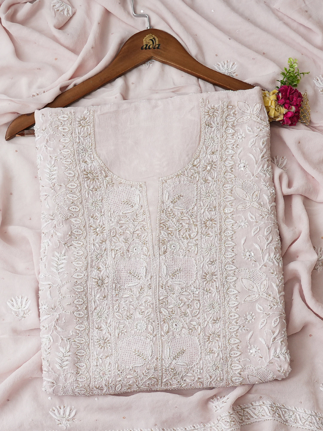 Ada Hand Embroidered Pink Pure Georgette Lucknowi Chikankari Unstitched Kurta Dupatta Set With Cutdana Work 01A955574
