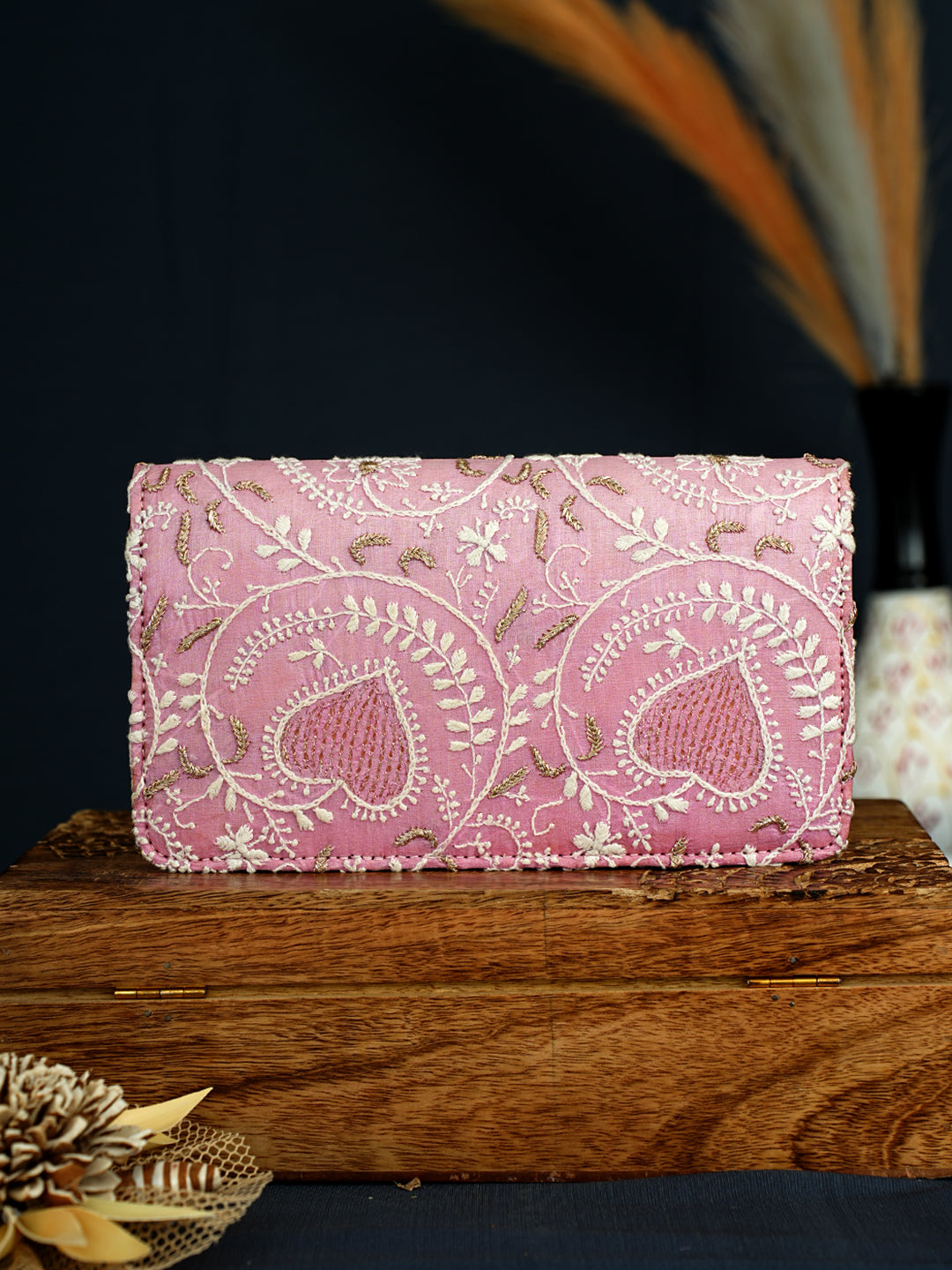 Ada Hand Embroidered Pink Silk Lucknowi Chikankari Clutch With Zari Work 01A729657