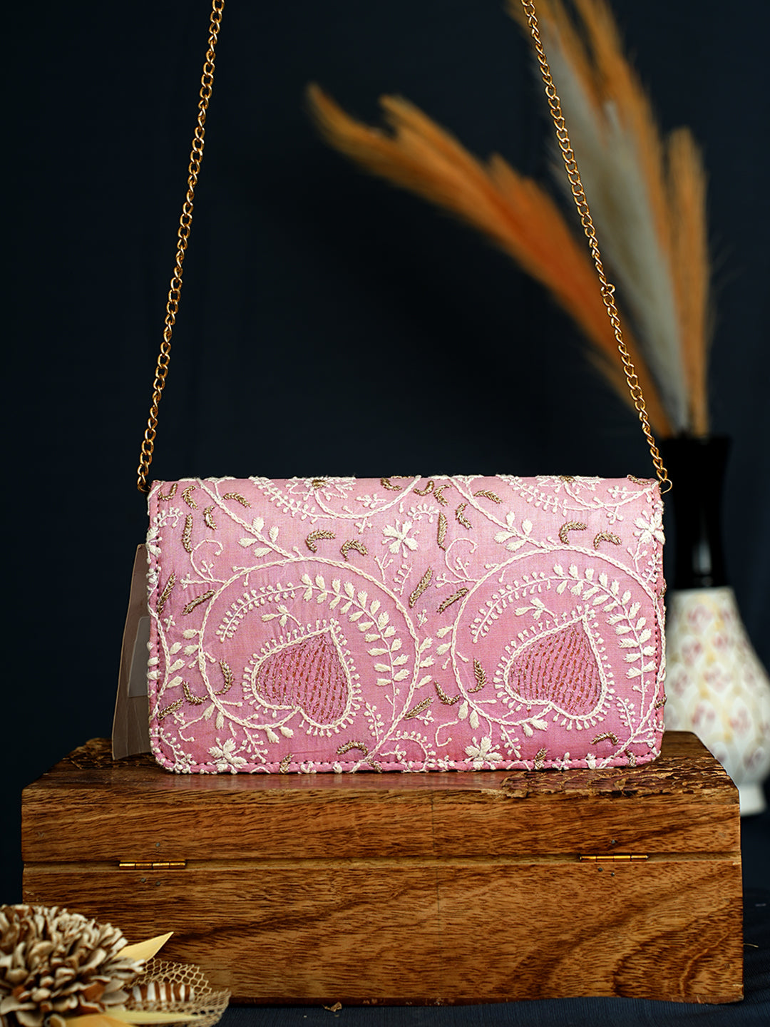 Ada Hand Embroidered Pink Silk Lucknowi Chikankari Clutch With Zari Work 01A729657