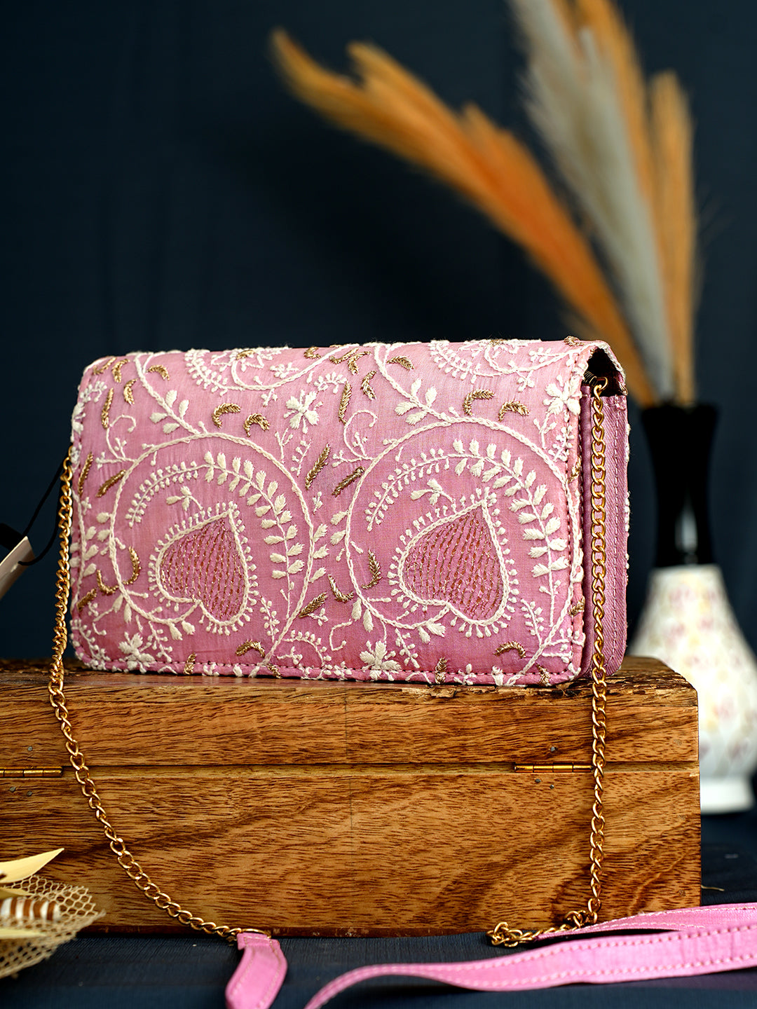 Ada Hand Embroidered Pink Silk Lucknowi Chikankari Clutch With Zari Work 01A729657