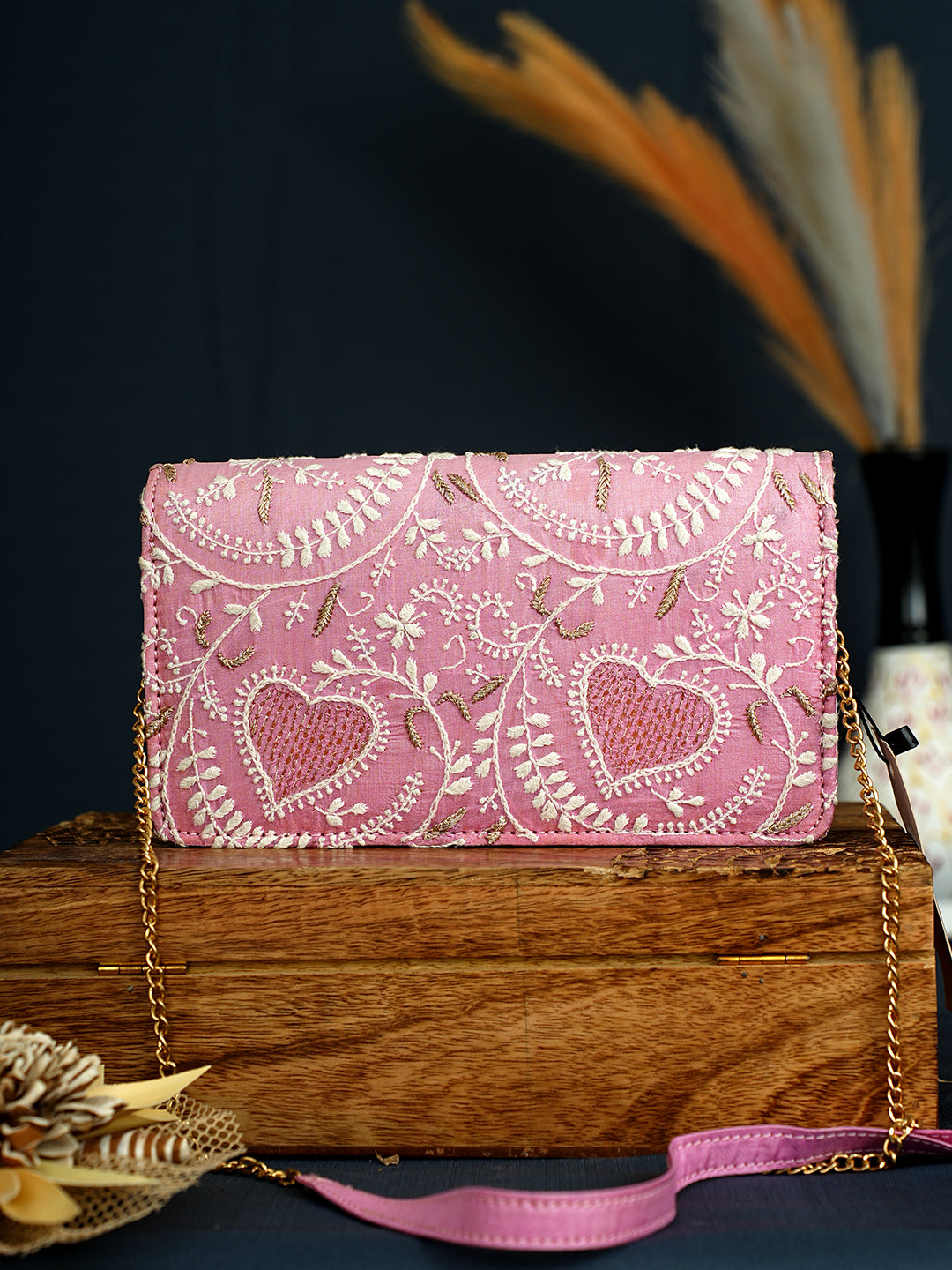 Ada Hand Embroidered Pink Silk Lucknowi Chikankari Clutch With Zari Work 01A729657