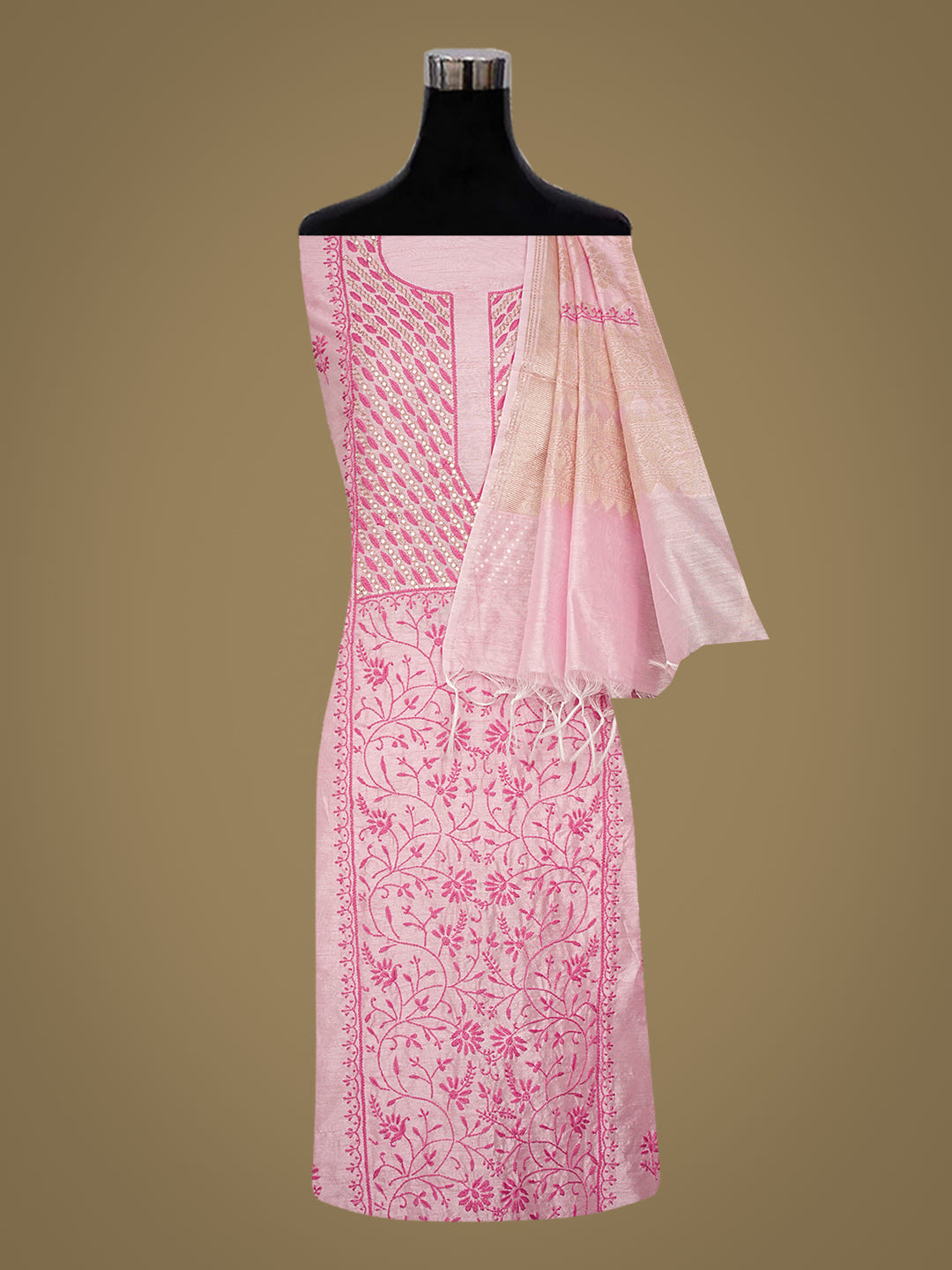 Ada Hand Embroidered Pink Silk Lucknowi Chikankari Unstitched Kurta Dupatta Set With Mirror Work 01A987099_2