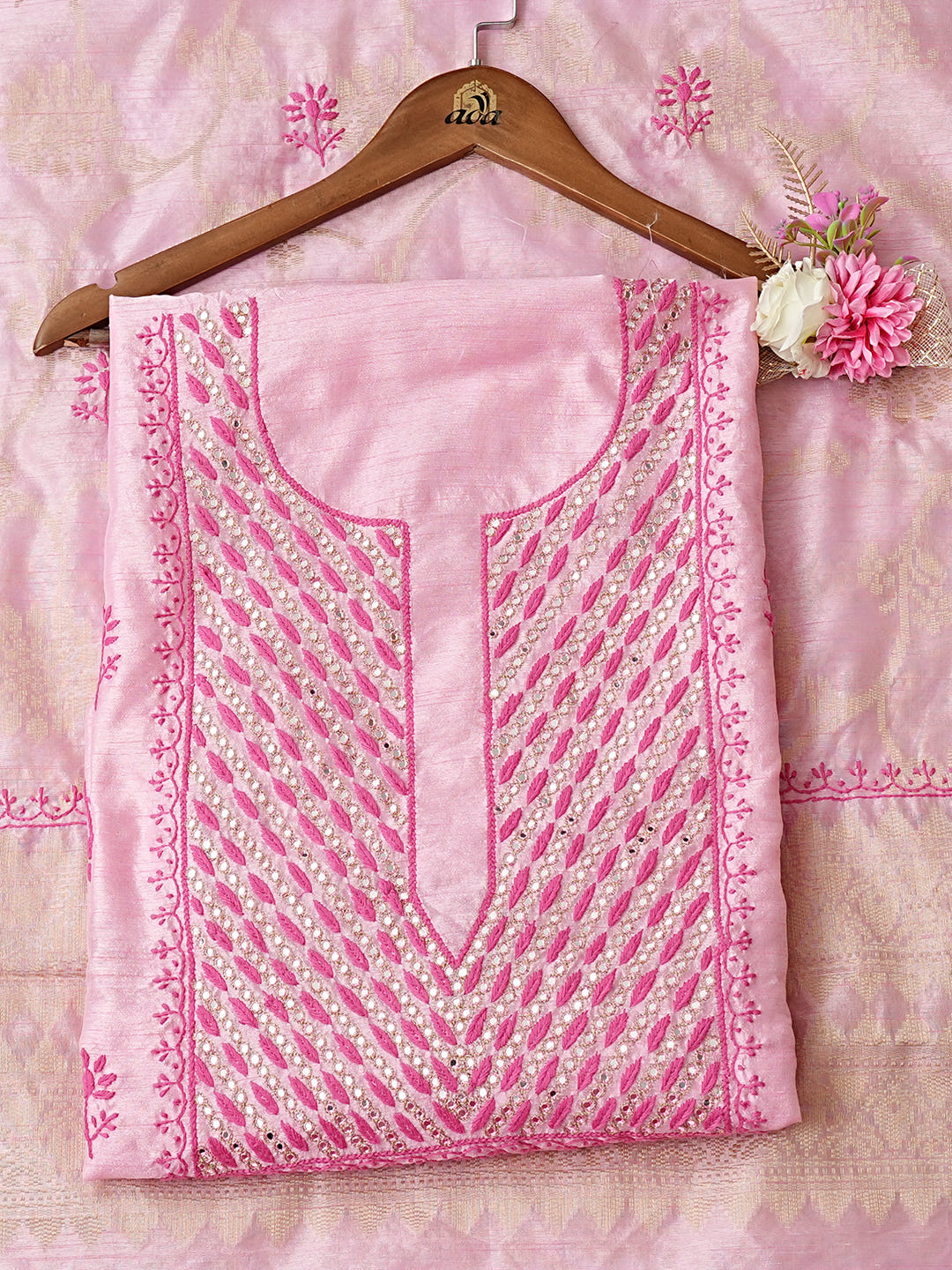 Ada Hand Embroidered Pink Silk Lucknowi Chikankari Unstitched Kurta Dupatta Set With Mirror Work 01A987099_1