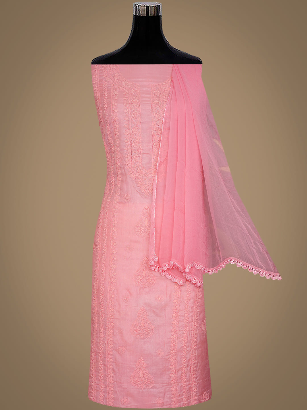 Ada Hand Embroidered Pink Silk Lucknowi Chikankari Unstitched Suit Piece With Chiffon Dupatta_3