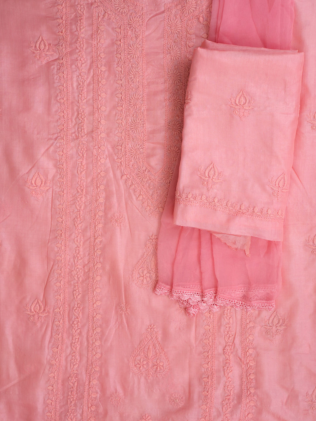 Ada Hand Embroidered Pink Silk Lucknowi Chikankari Unstitched Suit Piece With Chiffon Dupatta_5