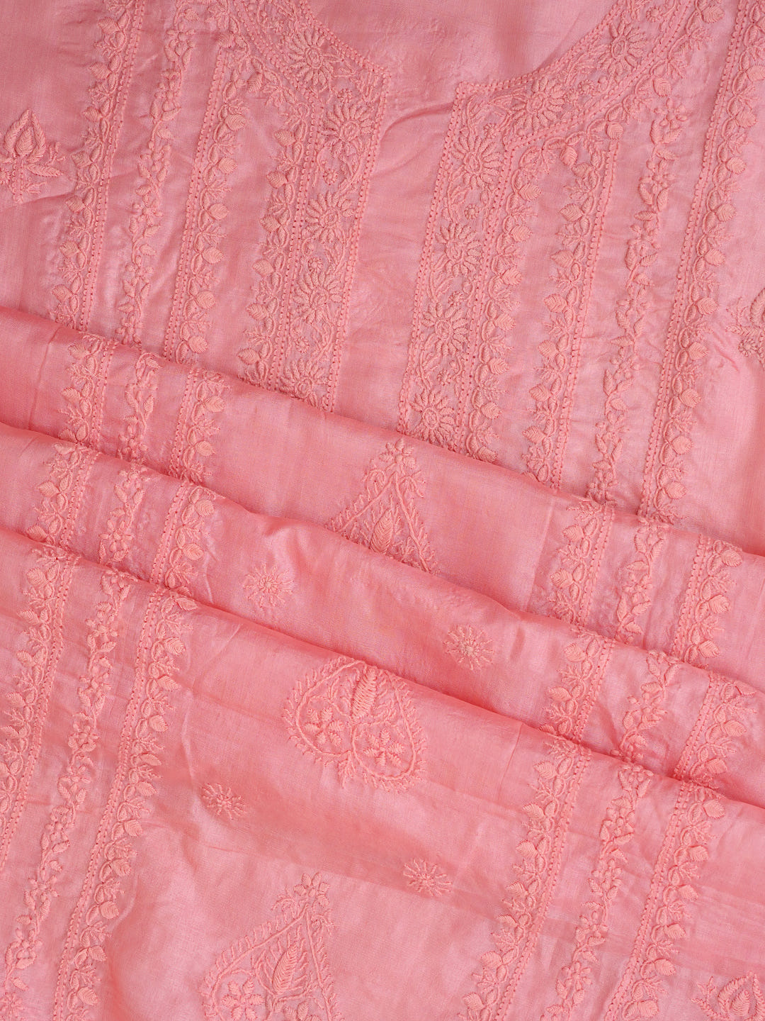 Ada Hand Embroidered Pink Silk Lucknowi Chikankari Unstitched Suit Piece With Chiffon Dupatta_6