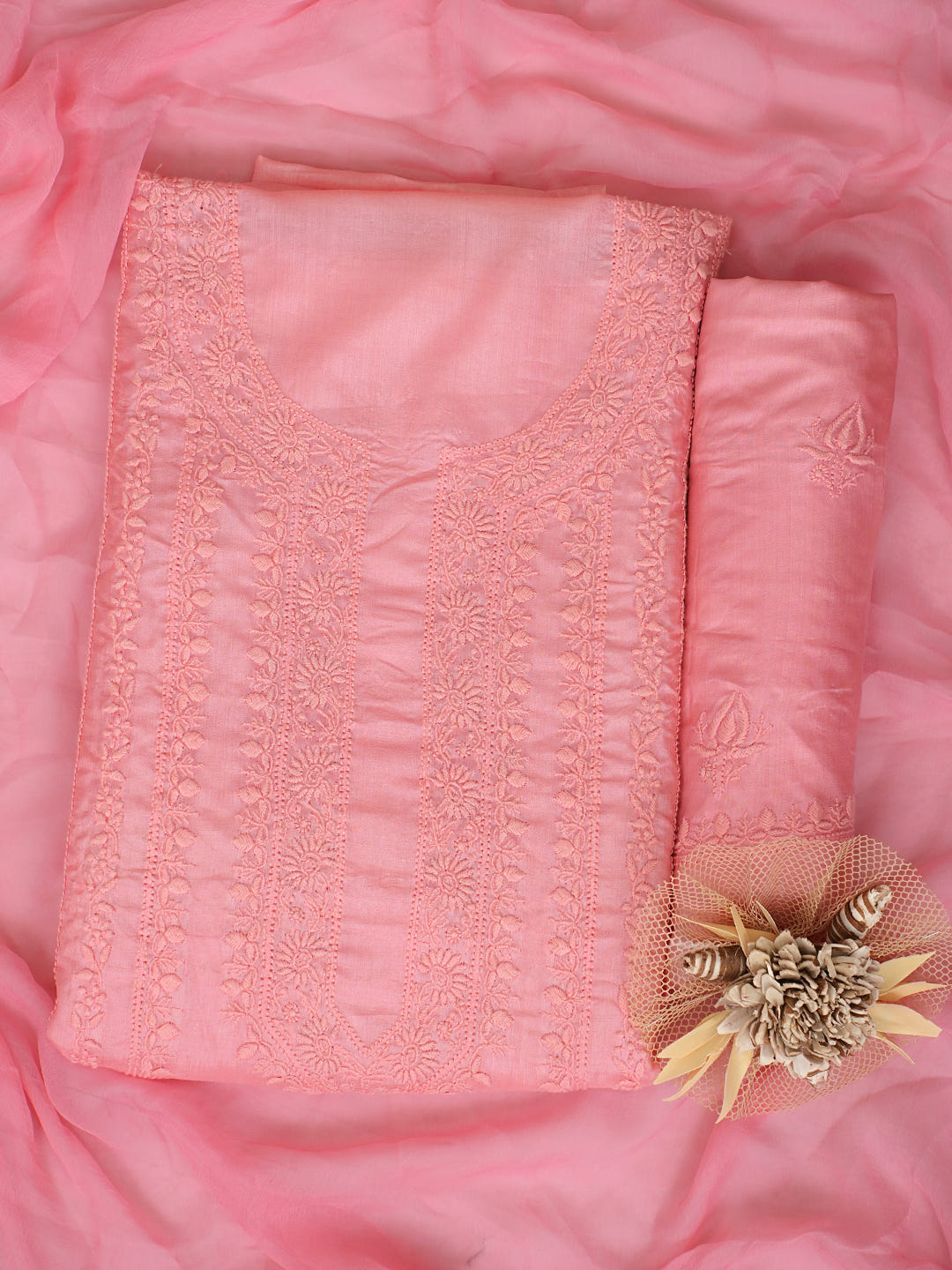 Ada Hand Embroidered Pink Silk Lucknowi Chikankari Unstitched Suit Piece With Chiffon Dupatta_1