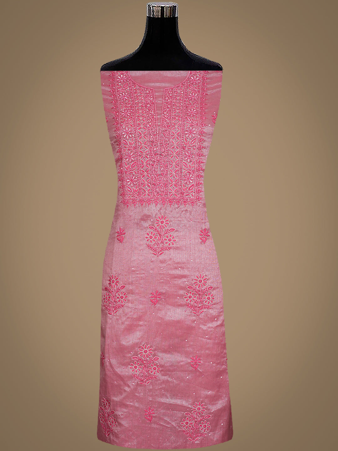 Ada Hand Embroidered Pink Tissue Lucknowi Chikankari Unstitched Kurta Dupatta set with Cutdana Work 01A793996