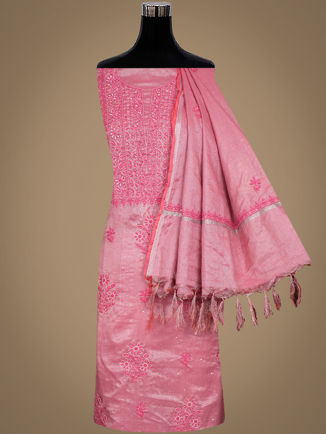 Ada Hand Embroidered Pink Tissue Lucknowi Chikankari Unstitched Kurta Dupatta set with Cutdana Work 01A793996