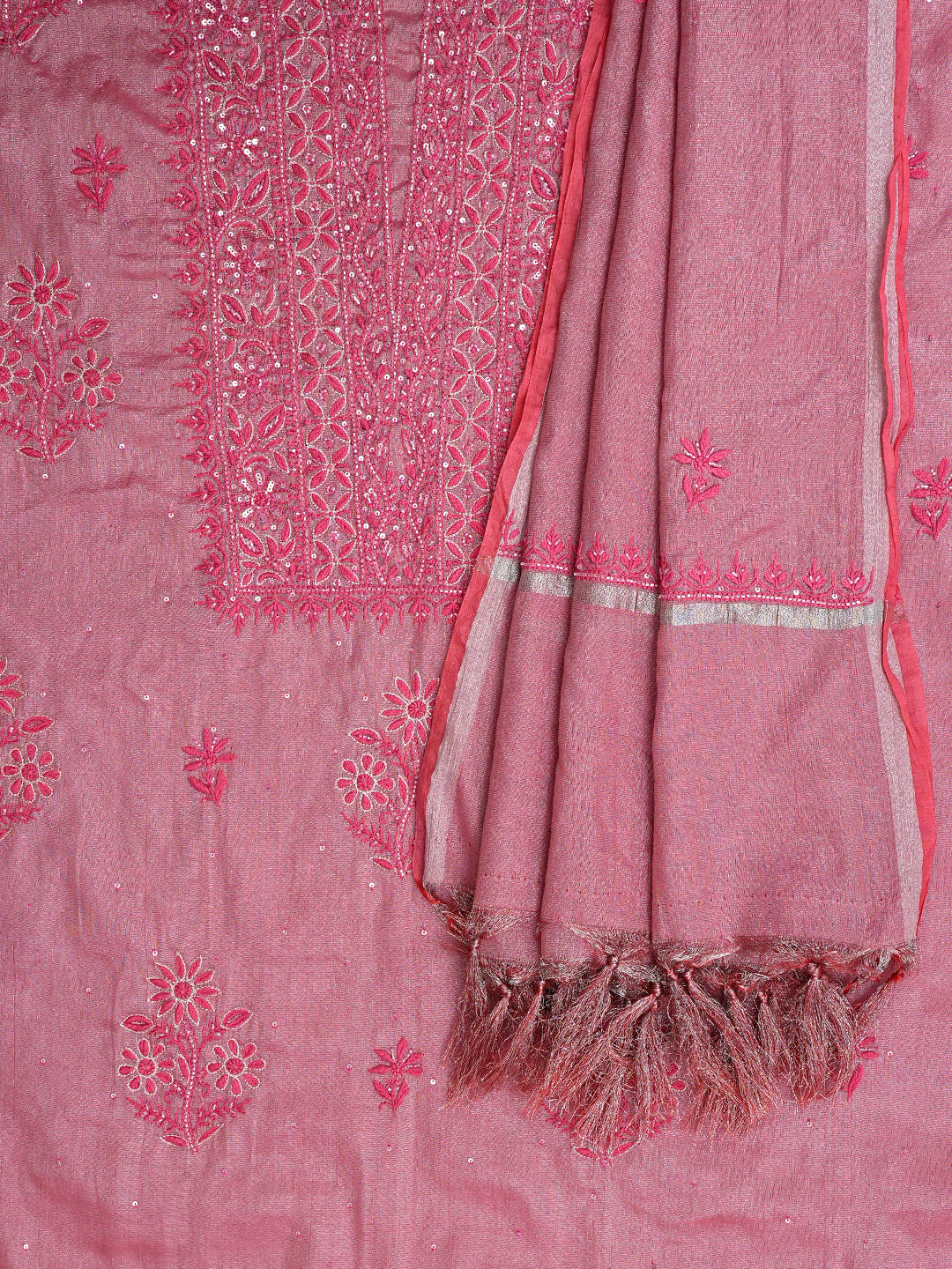Ada Hand Embroidered Pink Tissue Lucknowi Chikankari Unstitched Kurta Dupatta set with Cutdana Work 01A793996