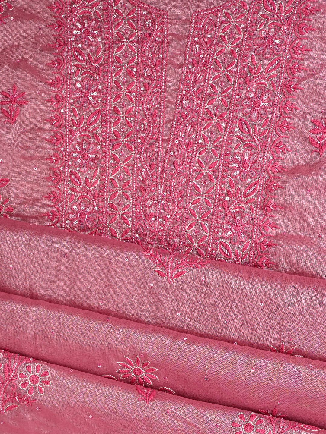 Ada Hand Embroidered Pink Tissue Lucknowi Chikankari Unstitched Kurta Dupatta set with Cutdana Work 01A793996
