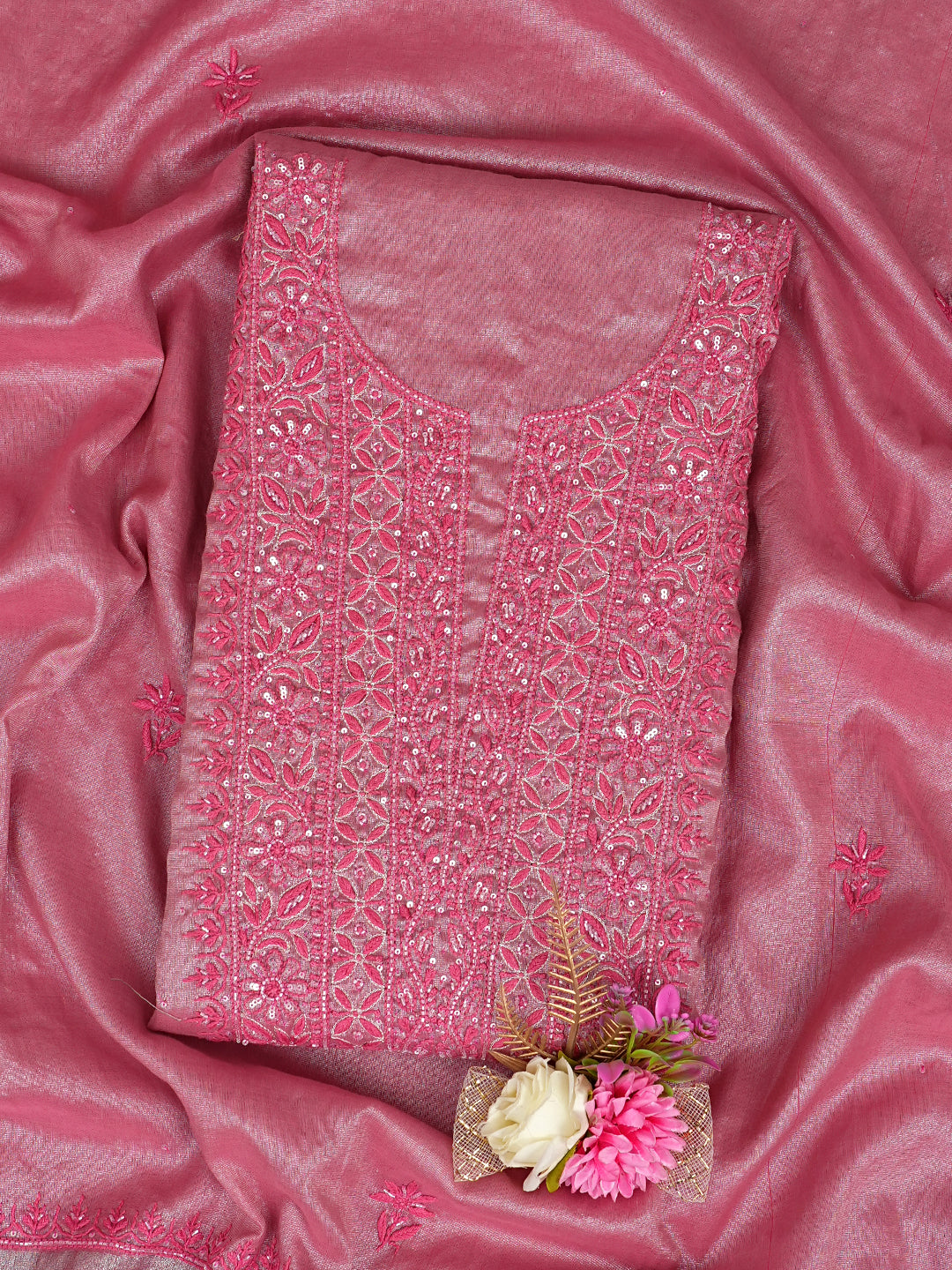 Ada Hand Embroidered Pink Tissue Lucknowi Chikankari Unstitched Kurta Dupatta set with Cutdana Work 01A793996