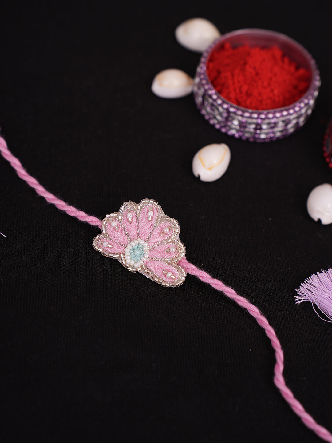 Ada Hand Embroidered Pink Viscose Georgette Floral Raksha Sutra Rakhi with Cutdana Work 08A503559