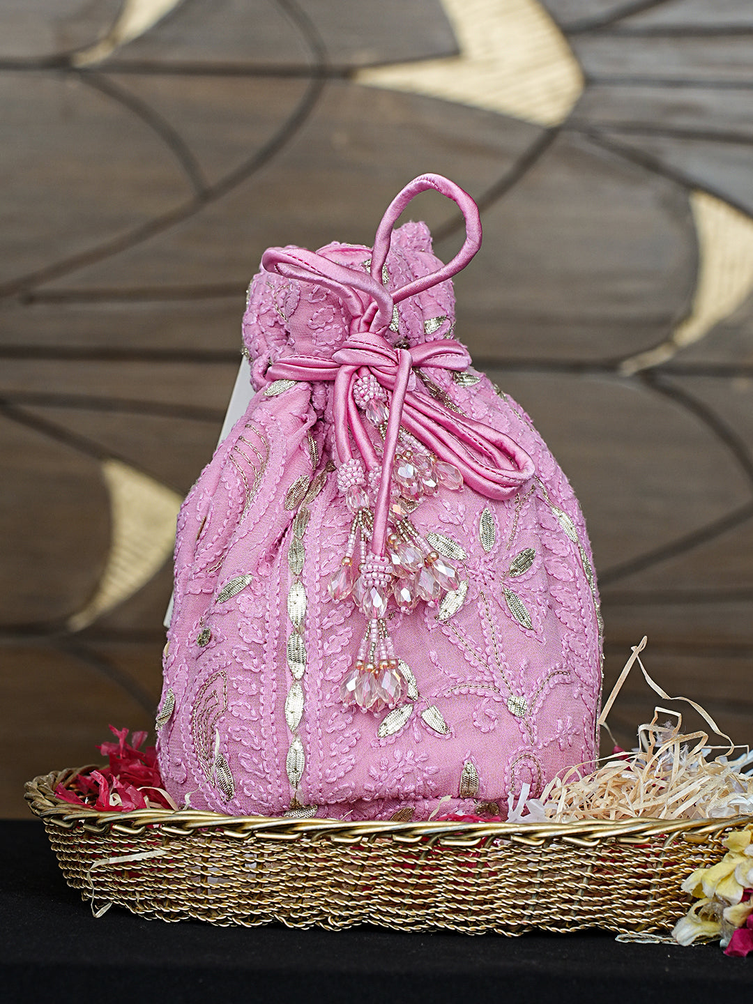 Ada Hand Embroidered Pink Viscose Georgette Lucknowi Chikankari Potli Bag With Gota Patti Work 01A983539