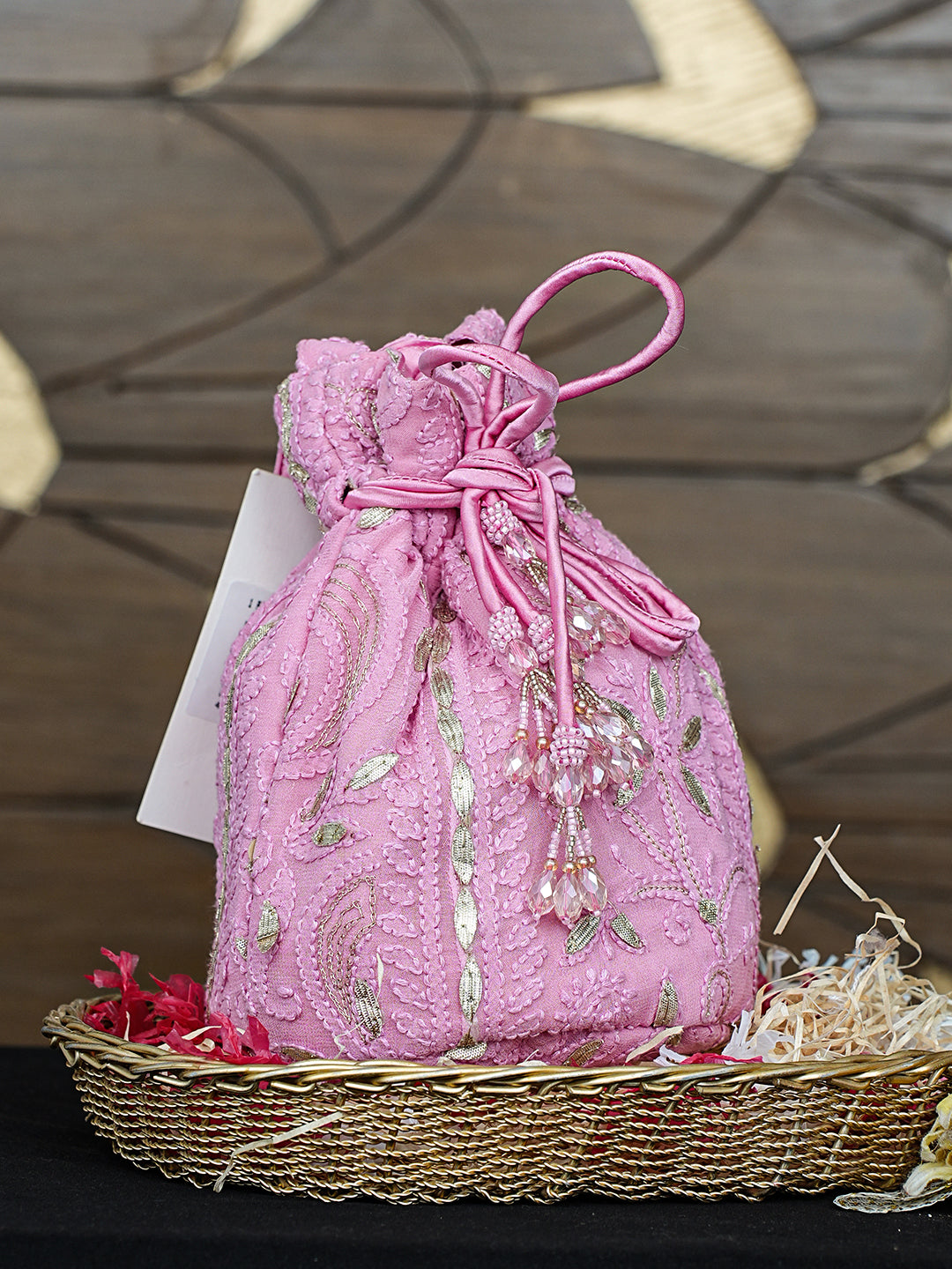 Ada Hand Embroidered Pink Viscose Georgette Lucknowi Chikankari Potli Bag With Gota Patti Work 01A983539