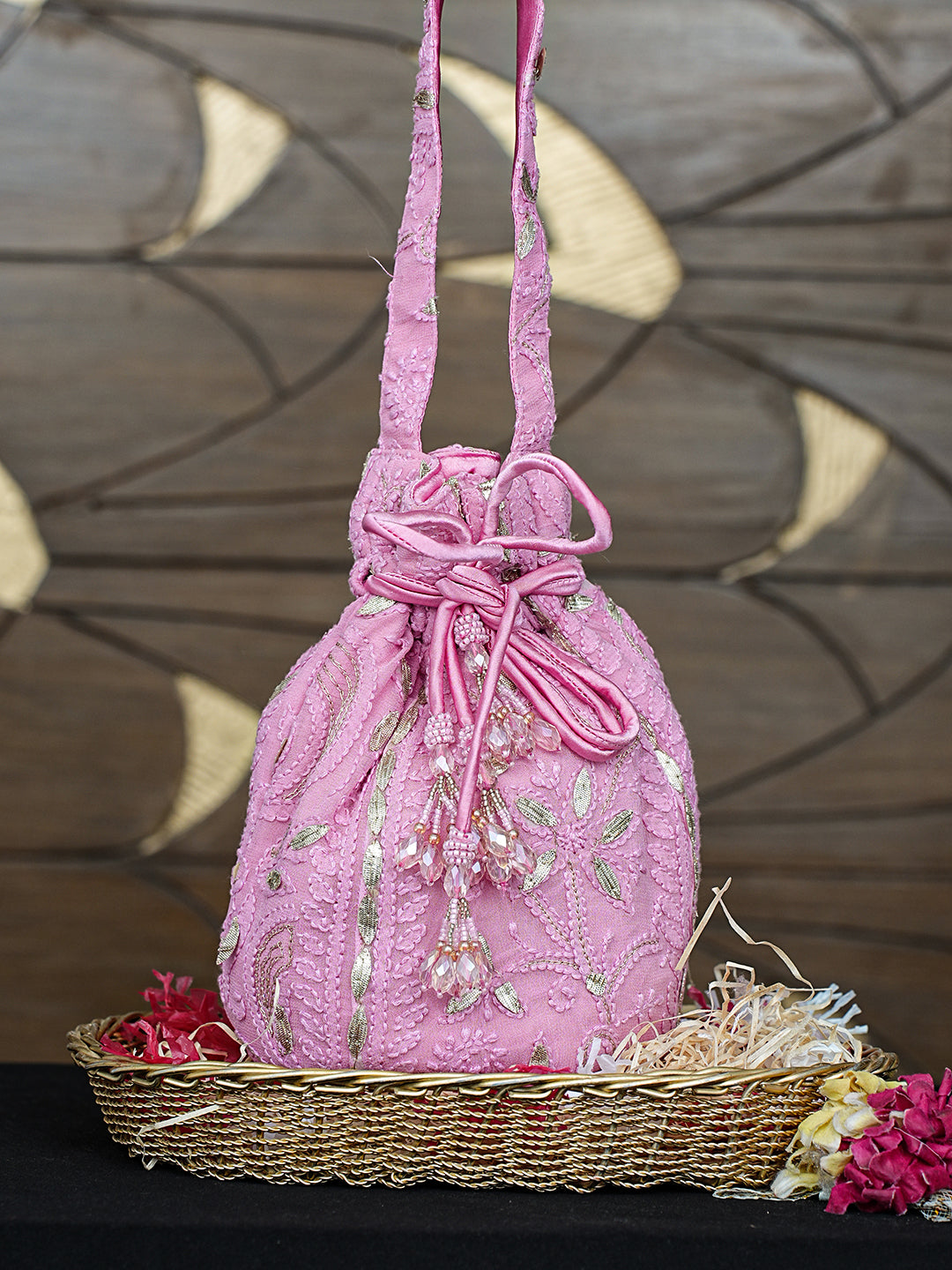Ada Hand Embroidered Pink Viscose Georgette Lucknowi Chikankari Potli Bag With Gota Patti Work 01A983539