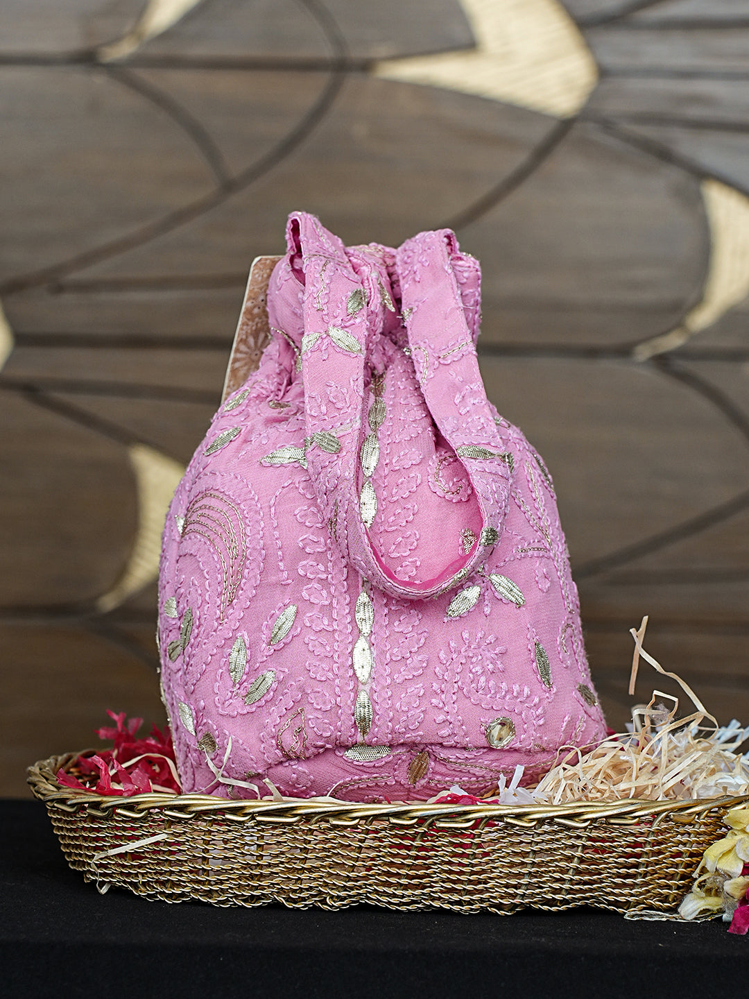Ada Hand Embroidered Pink Viscose Georgette Lucknowi Chikankari Potli Bag With Gota Patti Work 01A983539
