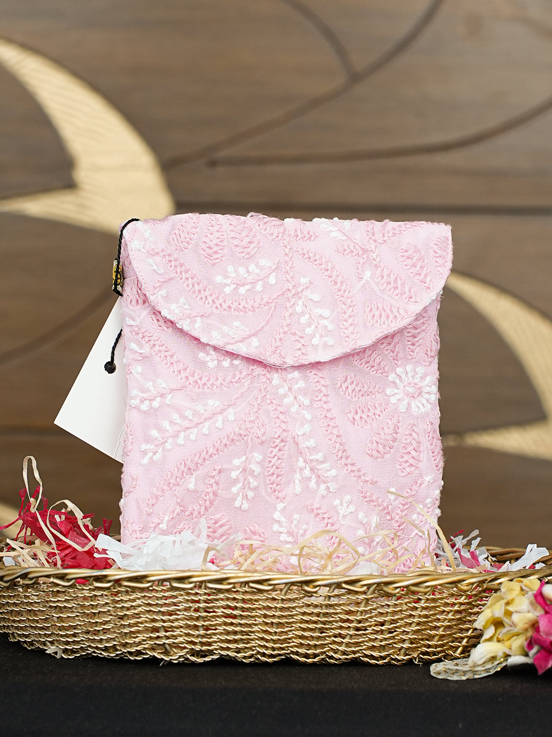 Ada Hand Embroidered Pink Viscose Georgette Lucknowi Chikankari Pouch 01A990265