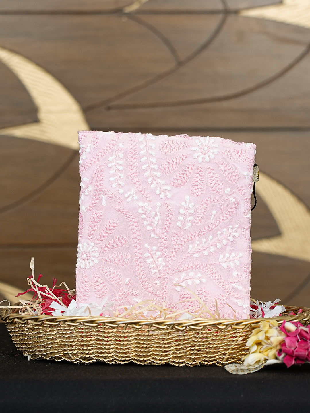 Ada Hand Embroidered Pink Viscose Georgette Lucknowi Chikankari Pouch 01A990265