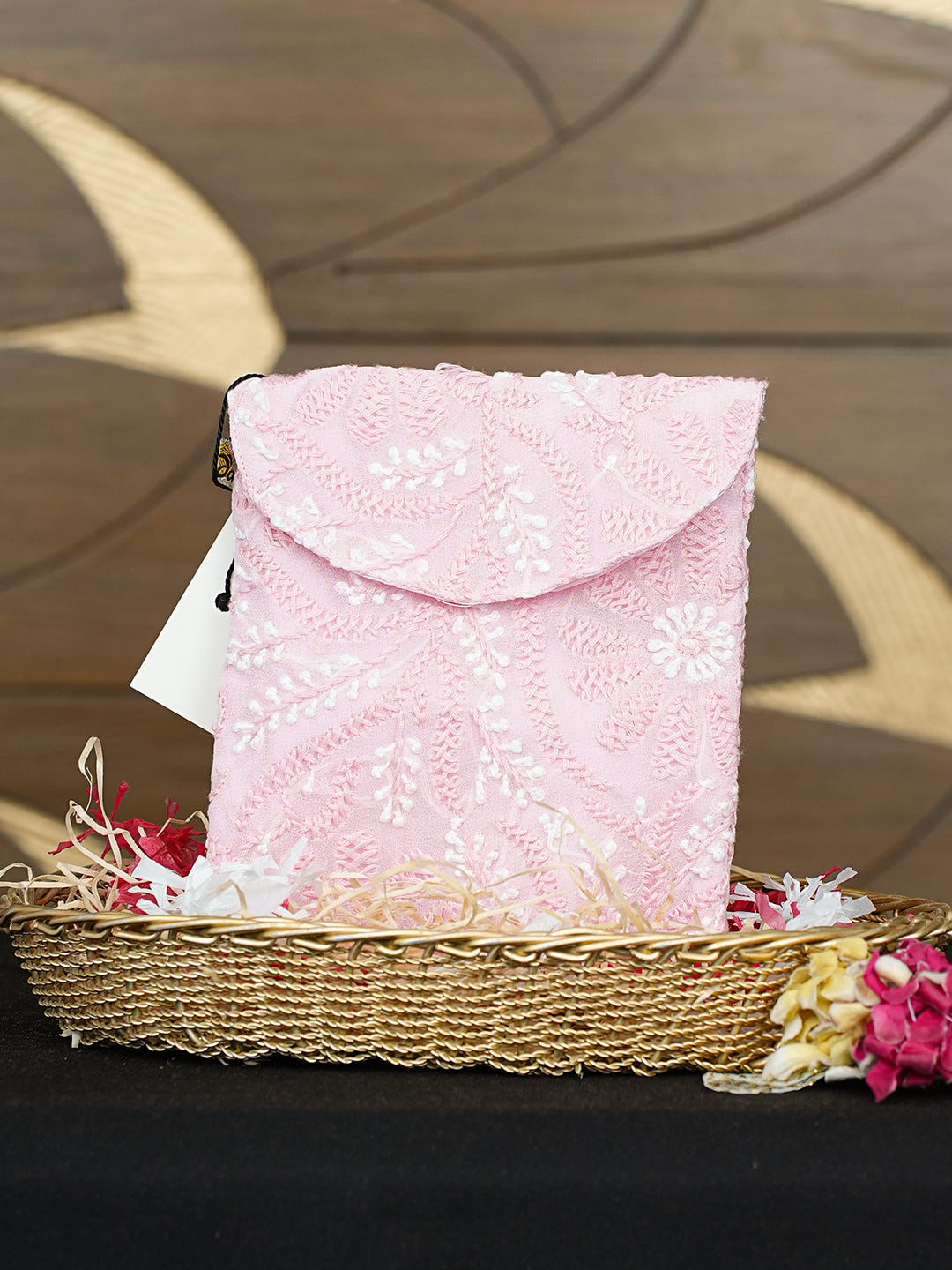 Ada Hand Embroidered Pink Viscose Georgette Lucknowi Chikankari Pouch 01A990265