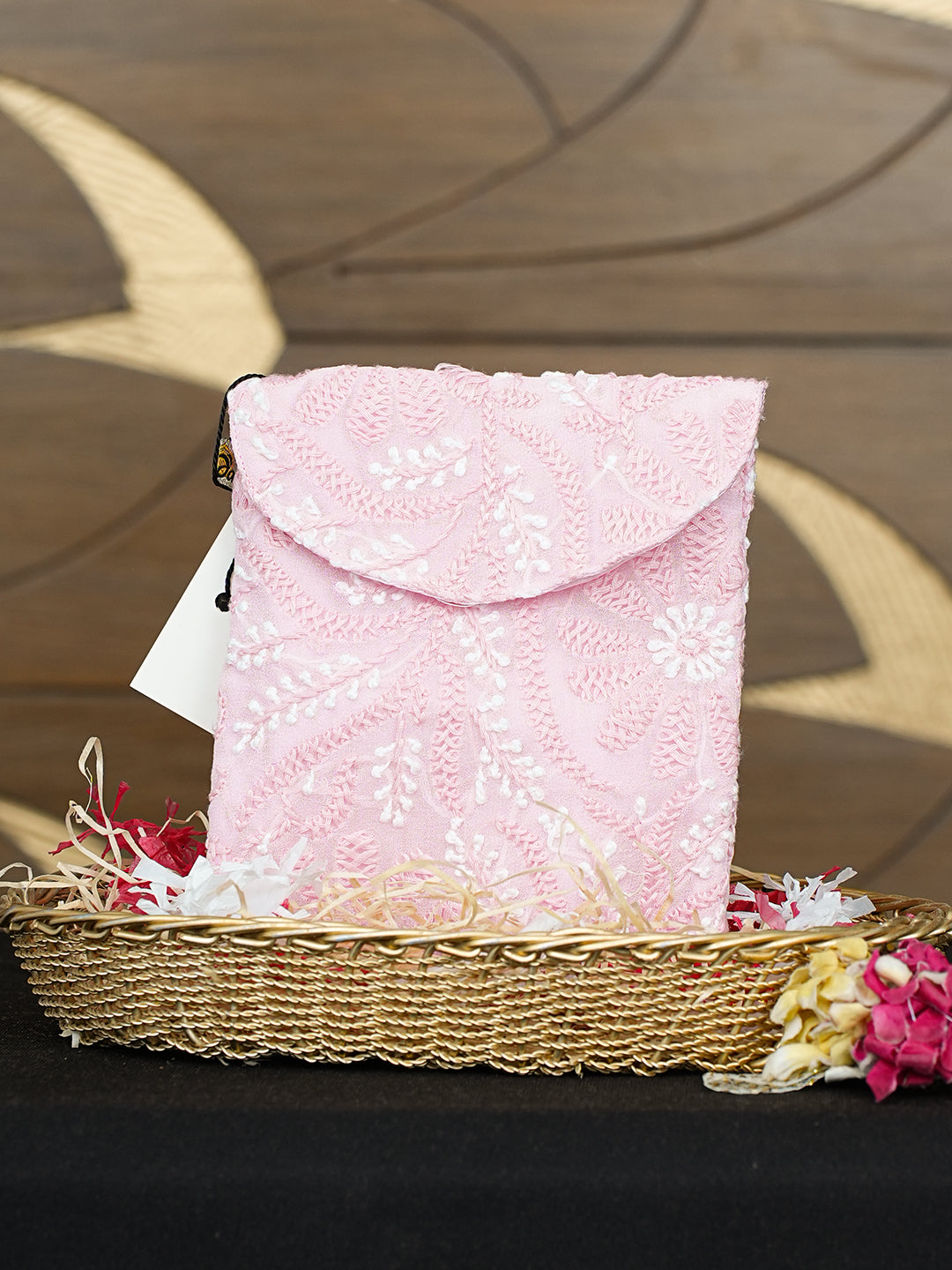 Ada Hand Embroidered Pink Viscose Georgette Lucknowi Chikankari Pouch 01A990265