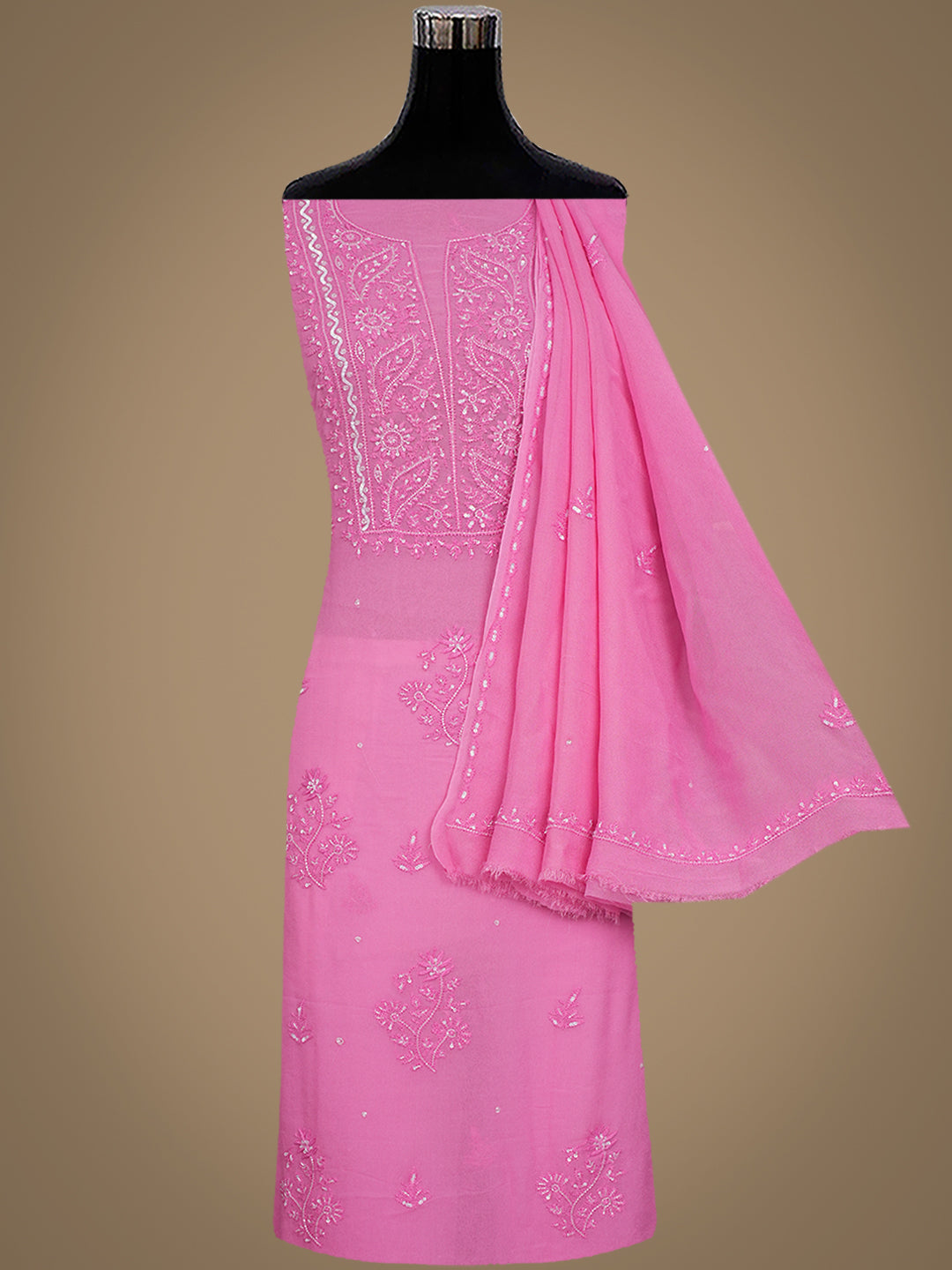 Ada Hand Embroidered Pink Viscose Georgette Lucknowi Chikankari Unstitched Kurta Dupatta Set With Cutdana Work 01A771728