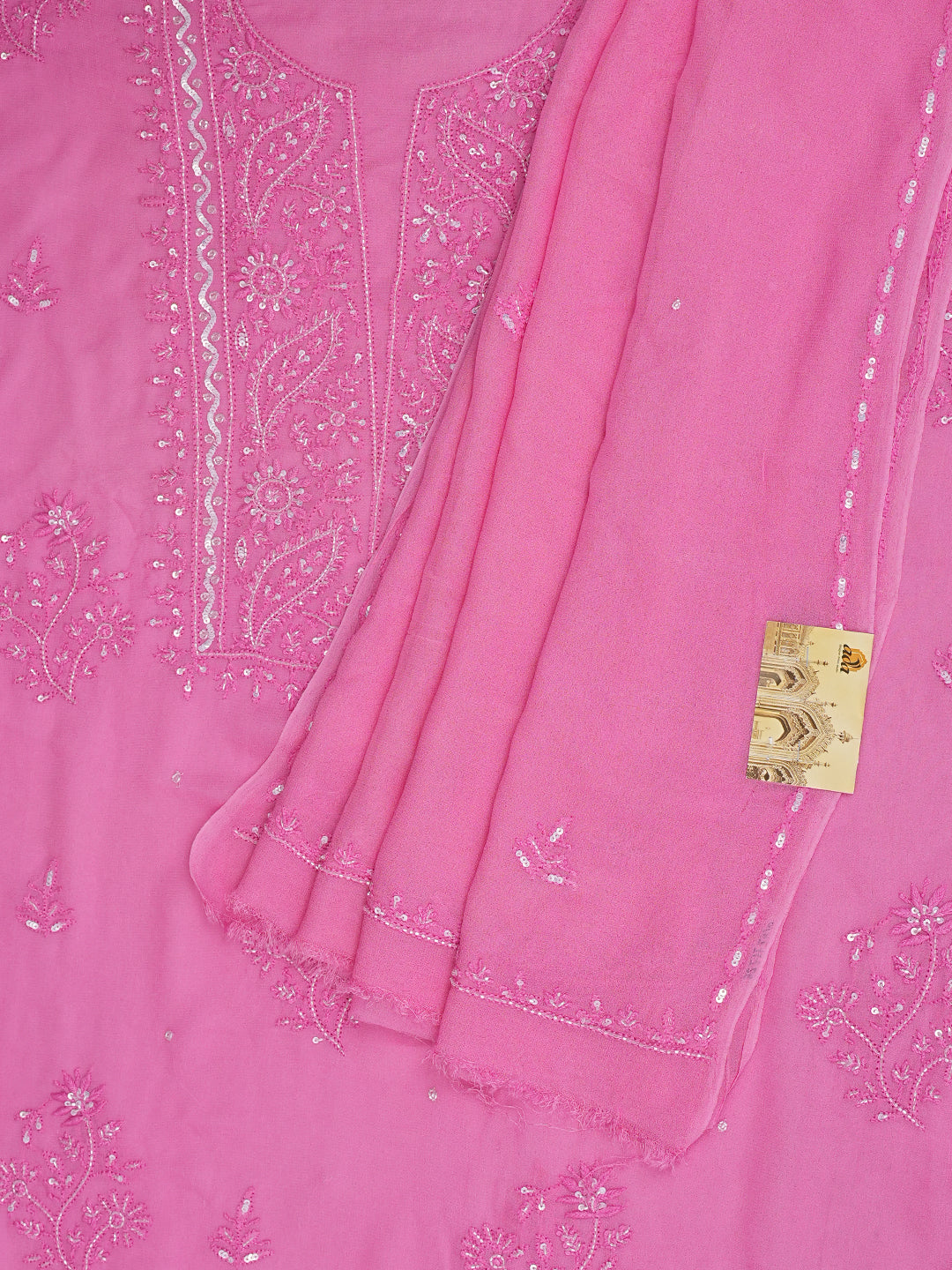 Ada Hand Embroidered Pink Viscose Georgette Lucknowi Chikankari Unstitched Kurta Dupatta Set With Cutdana Work 01A771728