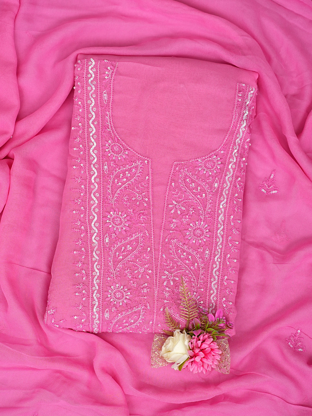 Ada Hand Embroidered Pink Viscose Georgette Lucknowi Chikankari Unstitched Kurta Dupatta Set With Cutdana Work 01A771728