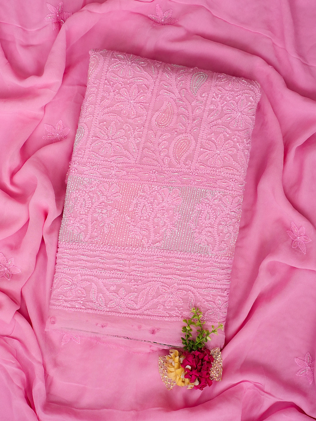 Ada Hand Embroidered Pink Viscose Georgette Lucknowi Chikankari Unstitched Kurta Dupatta Set With Cutdana Work 01A782525