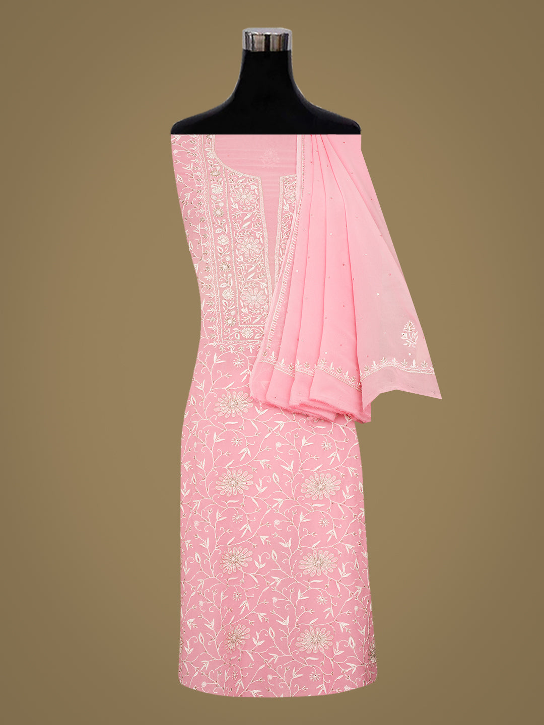 Ada Hand Embroidered Pink Viscose Georgette Lucknowi Chikankari Unstitched Kurta Dupatta Set With Cutdana Work 01A887964