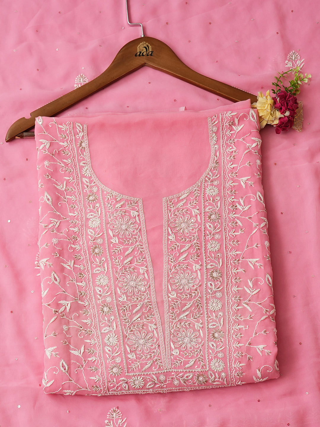Ada Hand Embroidered Pink Viscose Georgette Lucknowi Chikankari Unstitched Kurta Dupatta Set With Cutdana Work 01A887964