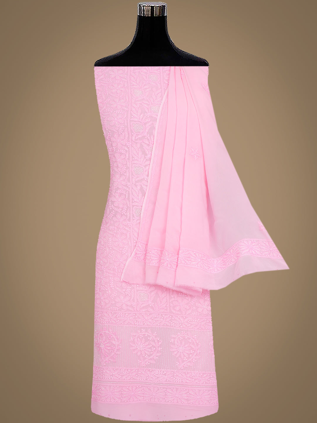 Ada Hand Embroidered Pink Viscose Georgette Lucknowi Chikankari Unstitched Kurta Dupatta Set With Cutdana Work 01A957788
