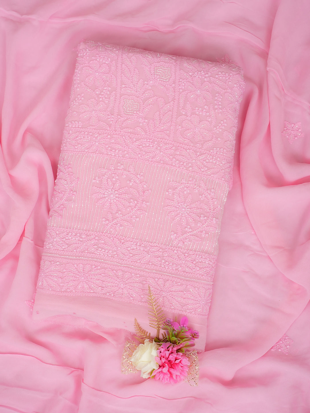 Ada Hand Embroidered Pink Viscose Georgette Lucknowi Chikankari Unstitched Kurta Dupatta Set With Cutdana Work 01A957788