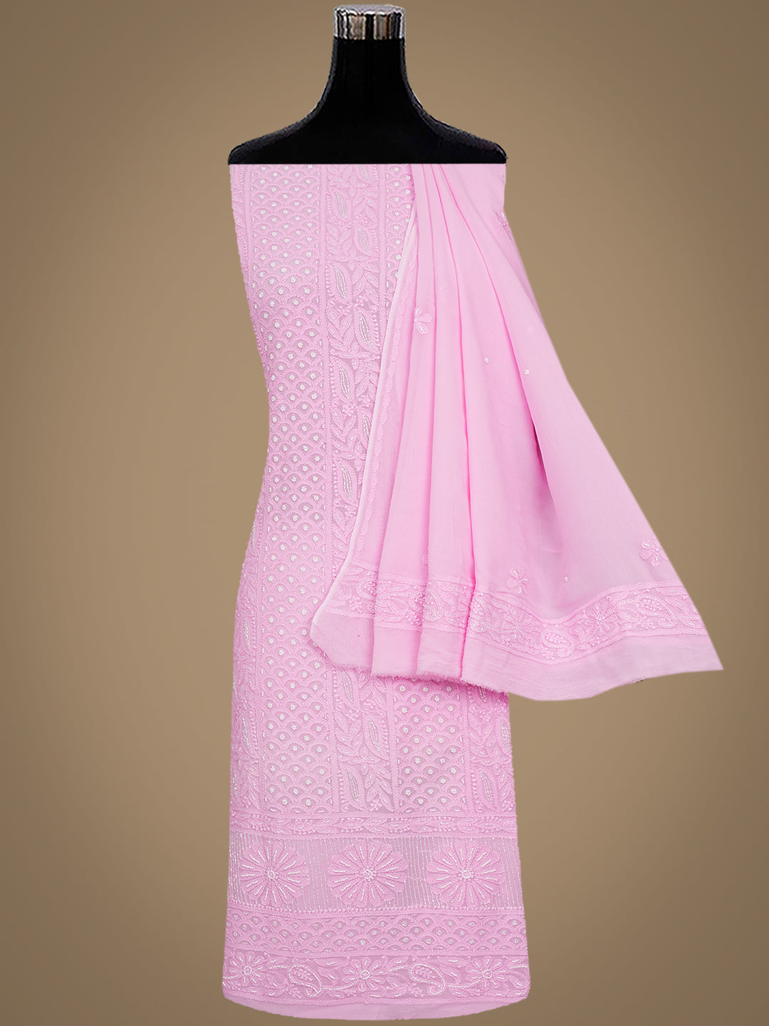 Ada Hand Embroidered Pink Viscose Georgette Lucknowi Chikankari Unstitched Kurta Dupatta Set With Cutdana Work 01A977822