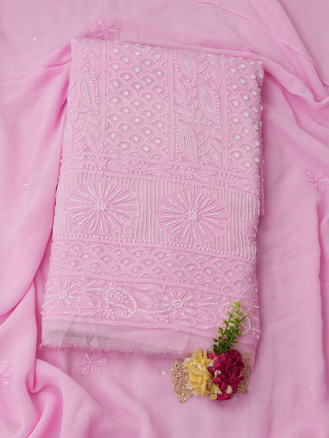 Ada Hand Embroidered Pink Viscose Georgette Lucknowi Chikankari Unstitched Kurta Dupatta Set With Cutdana Work 01A977822