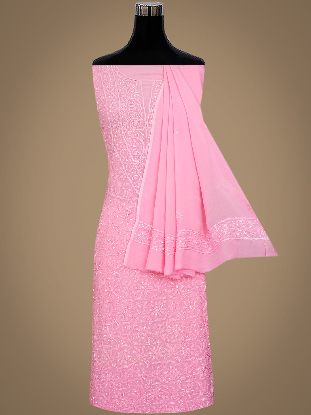Ada Hand Embroidered Pink Viscose Georgette Lucknowi Chikankari Unstitched Kurta Dupatta Set With Cutdana Work 01A984113