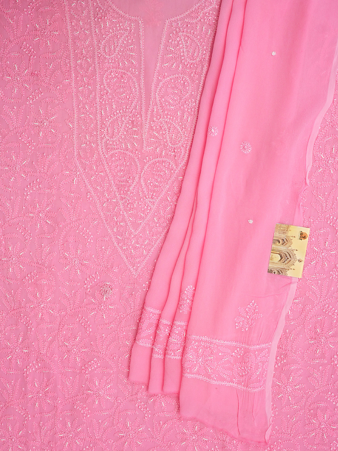Ada Hand Embroidered Pink Viscose Georgette Lucknowi Chikankari Unstitched Kurta Dupatta Set With Cutdana Work 01A984113