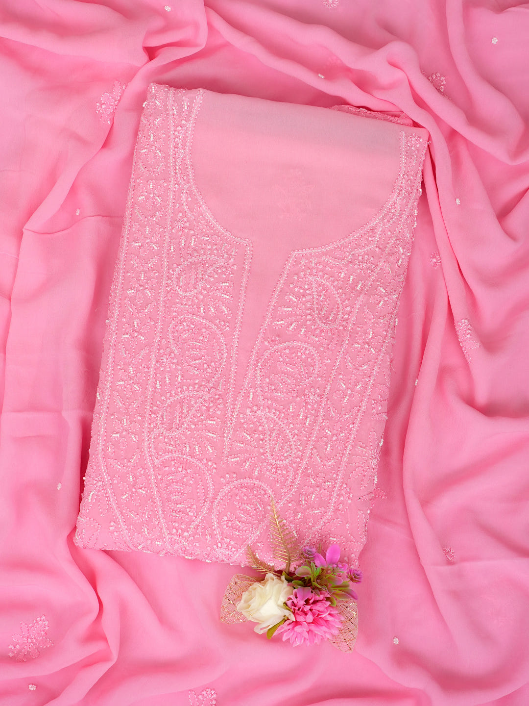 Ada Hand Embroidered Pink Viscose Georgette Lucknowi Chikankari Unstitched Kurta Dupatta Set With Cutdana Work 01A984113