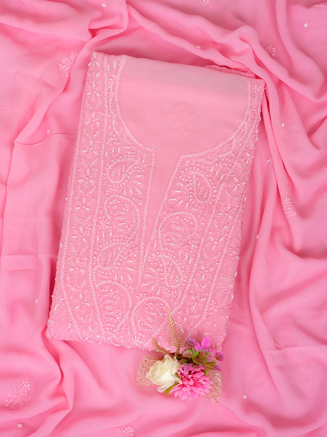 Ada Hand Embroidered Pink Viscose Georgette Lucknowi Chikankari Unstitched Kurta Dupatta Set With Cutdana Work 01A984113