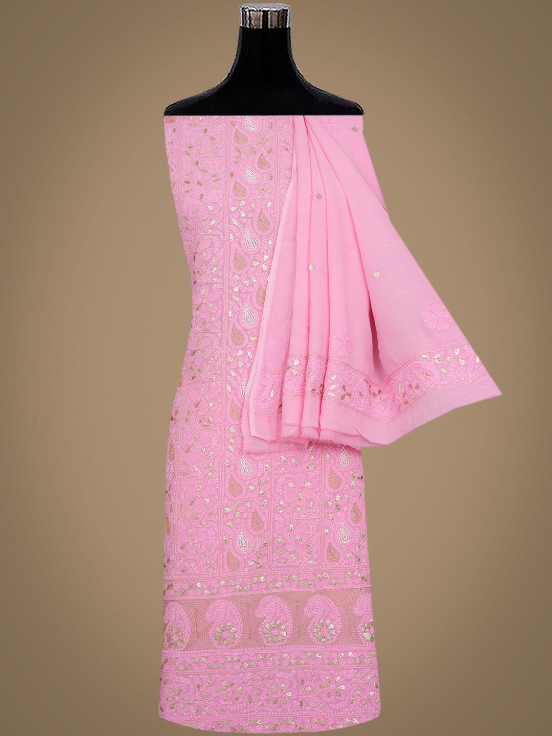 Ada Hand Embroidered Pink Viscose Georgette Lucknowi Chikankari Unstitched Kurta Dupatta Set With Gota Patti Work 01A893703