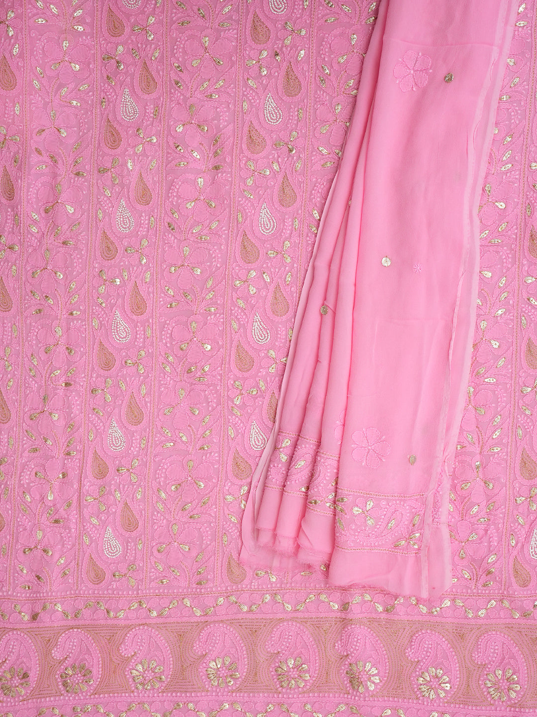Ada Hand Embroidered Pink Viscose Georgette Lucknowi Chikankari Unstitched Kurta Dupatta Set With Gota Patti Work 01A893703