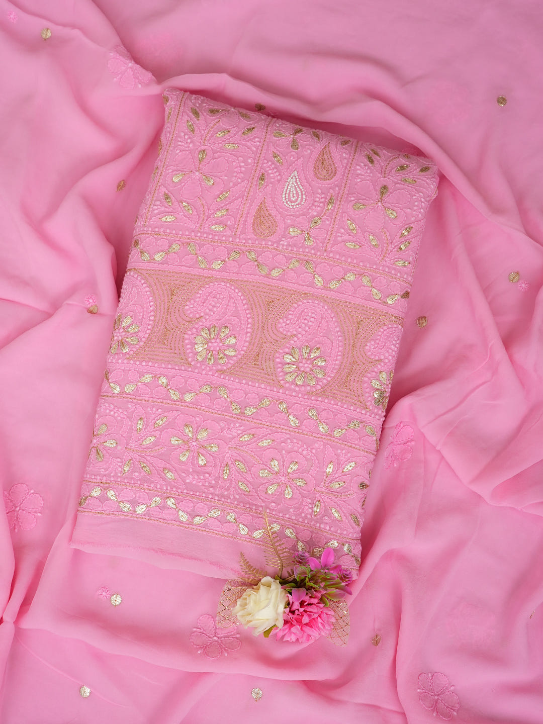 Ada Hand Embroidered Pink Viscose Georgette Lucknowi Chikankari Unstitched Kurta Dupatta Set With Gota Patti Work 01A893703