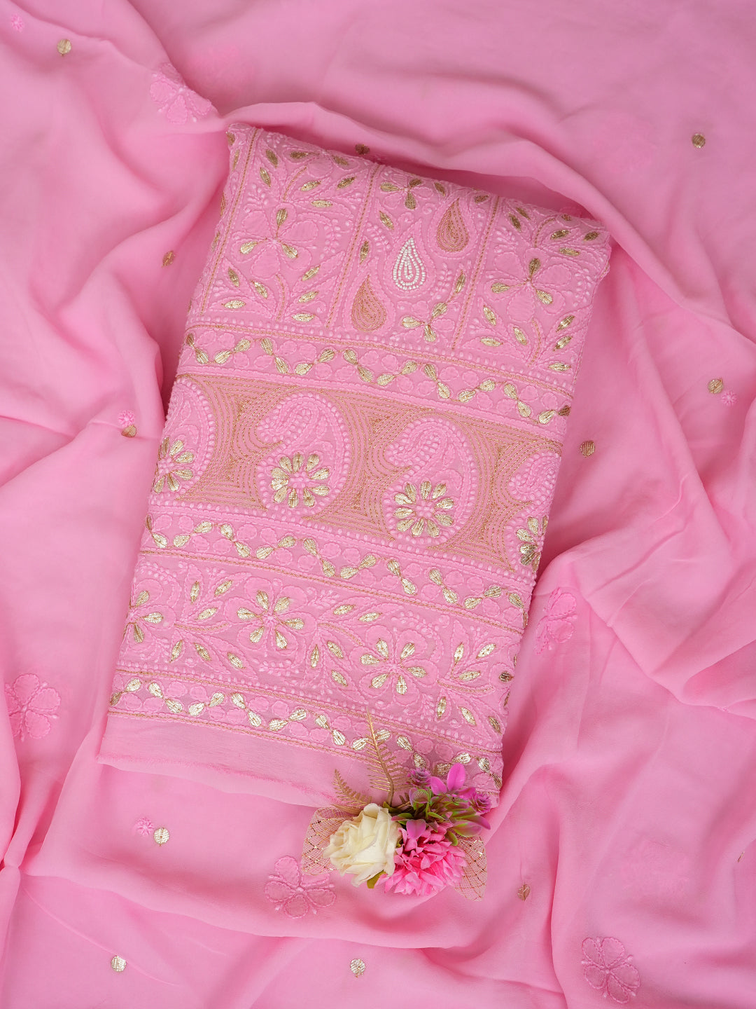 Ada Hand Embroidered Pink Viscose Georgette Lucknowi Chikankari Unstitched Kurta Dupatta Set With Gota Patti Work 01A893703