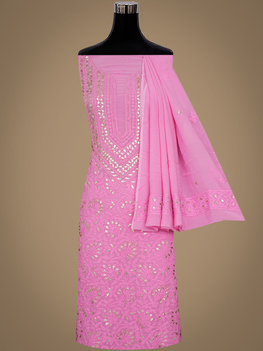 Ada Hand Embroidered Pink Viscose Georgette Lucknowi Chikankari Unstitched Kurta Dupatta Set With Gota Patti Work 01A984078