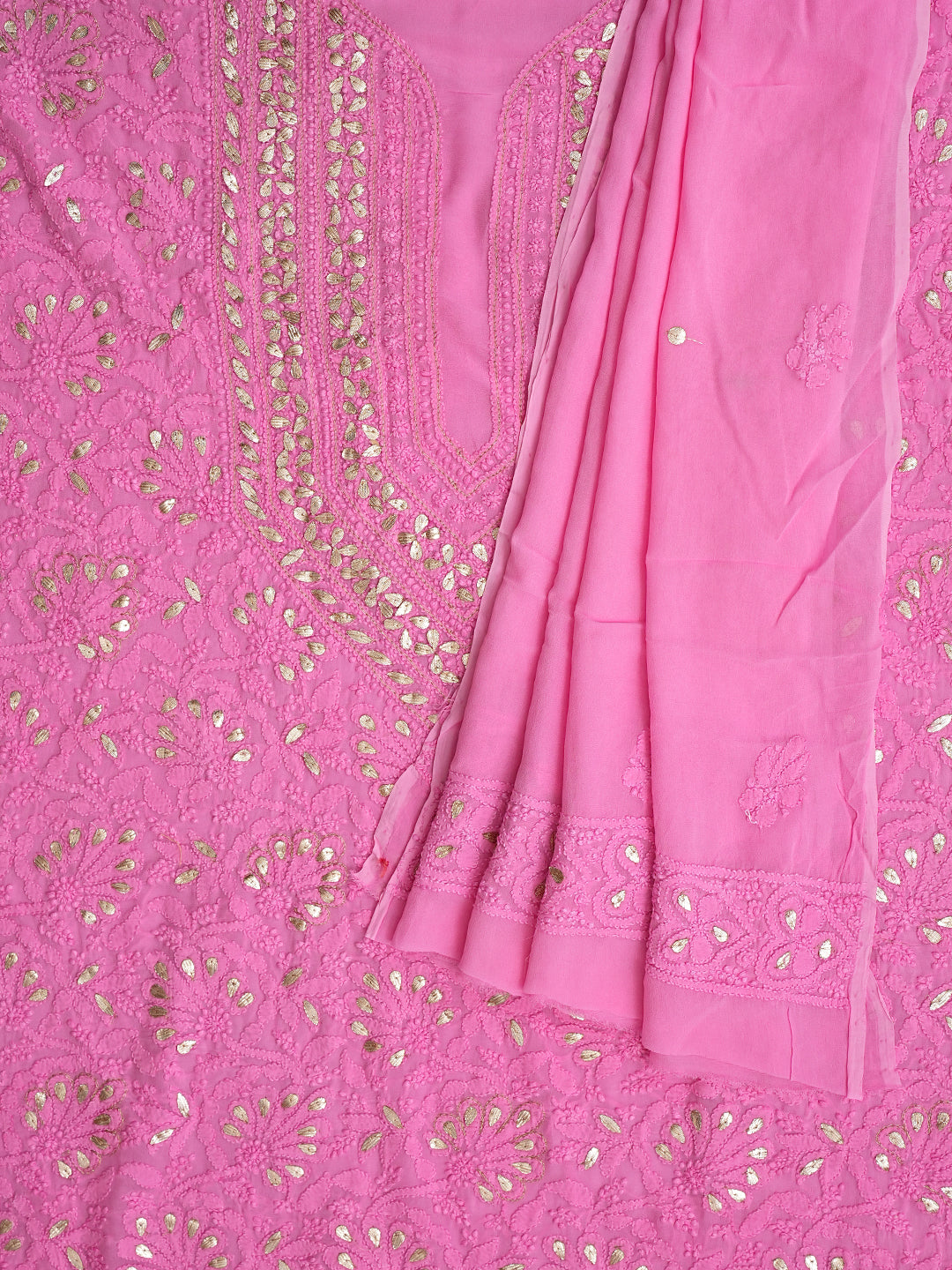 Ada Hand Embroidered Pink Viscose Georgette Lucknowi Chikankari Unstitched Kurta Dupatta Set With Gota Patti Work 01A984078
