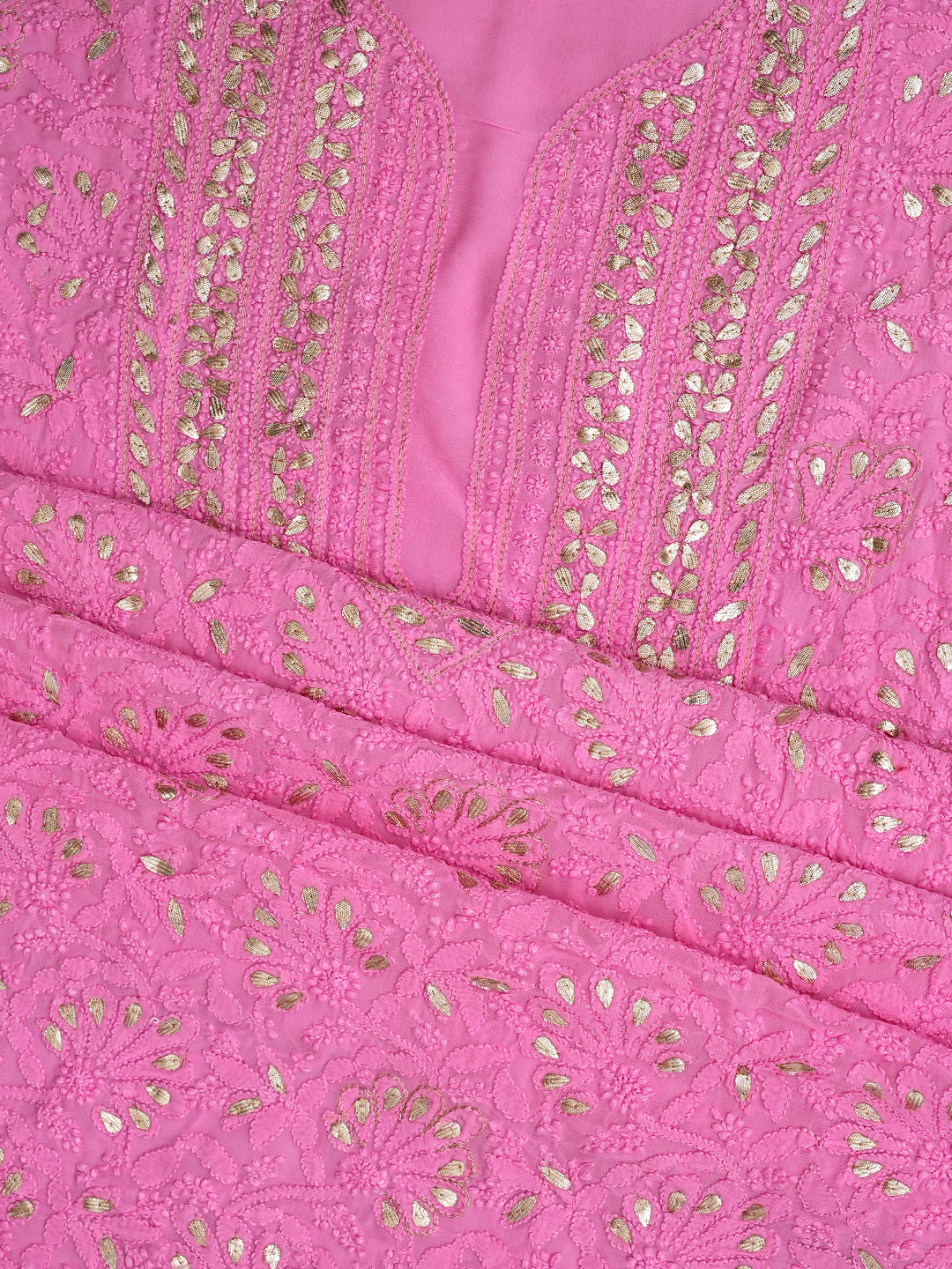Ada Hand Embroidered Pink Viscose Georgette Lucknowi Chikankari Unstitched Kurta Dupatta Set With Gota Patti Work 01A984078