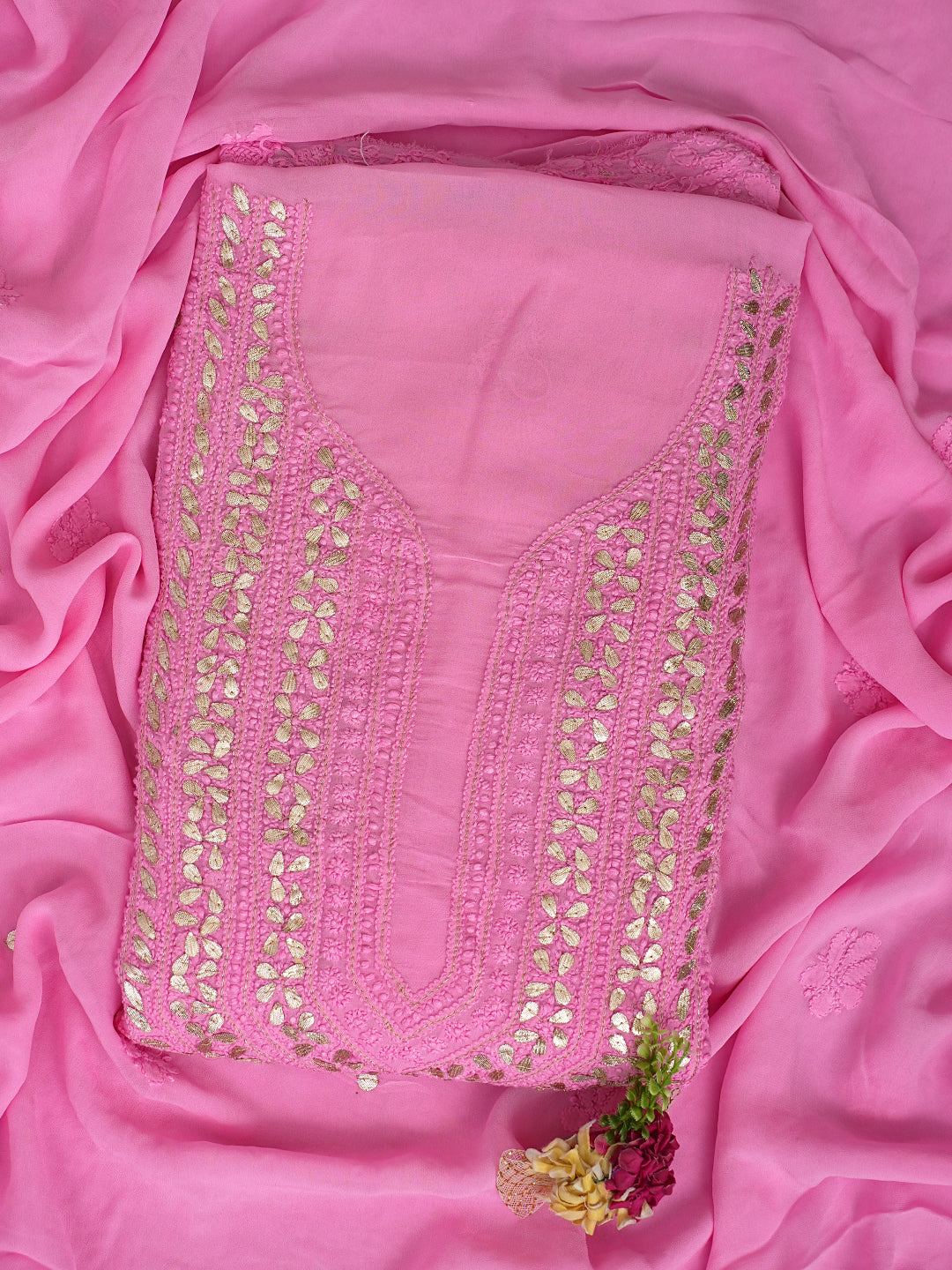 Ada Hand Embroidered Pink Viscose Georgette Lucknowi Chikankari Unstitched Kurta Dupatta Set With Gota Patti Work 01A984078